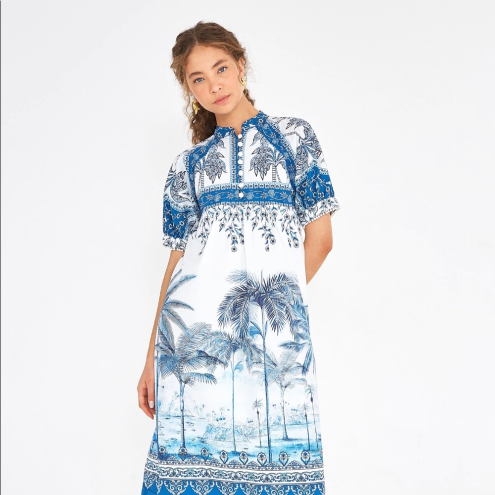 FARM Rio blue and white ankle length dress.